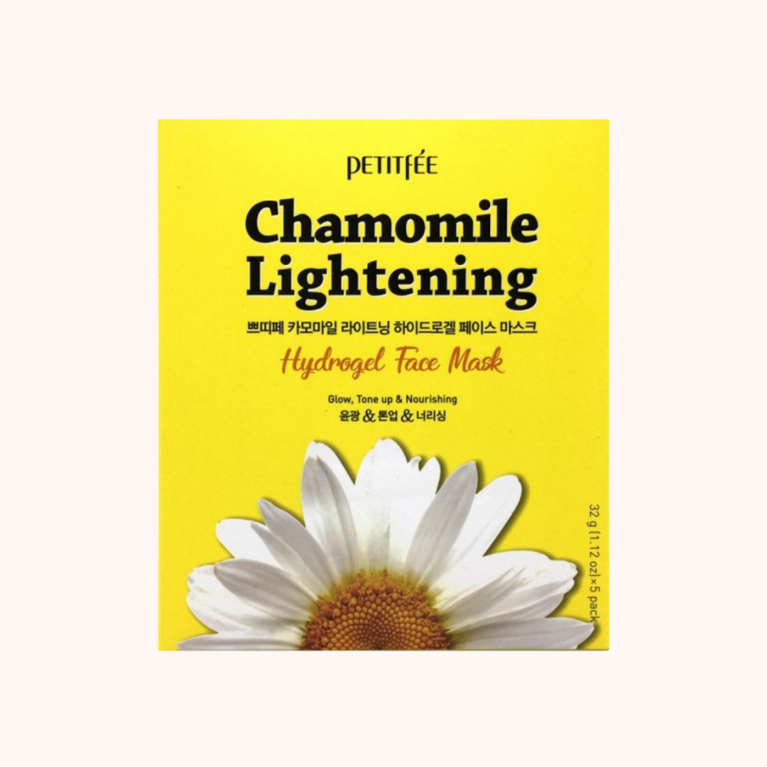 Packaging of Petitfee Chamomile Lightening Hydrogel Face Mask with a prominent chamomile flower image and product details.